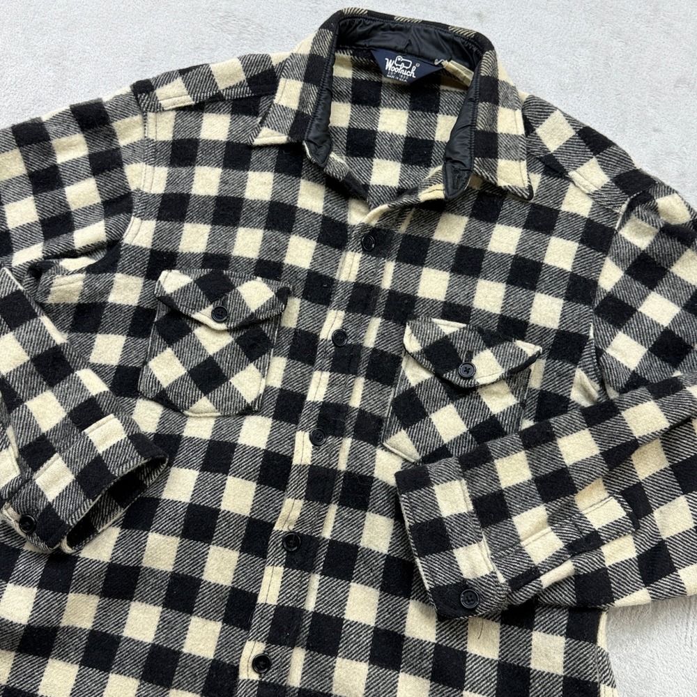 Vintage Woolrich Flannel Shirt Mens L Black Cream Buffalo Plaid Wool Blend USA